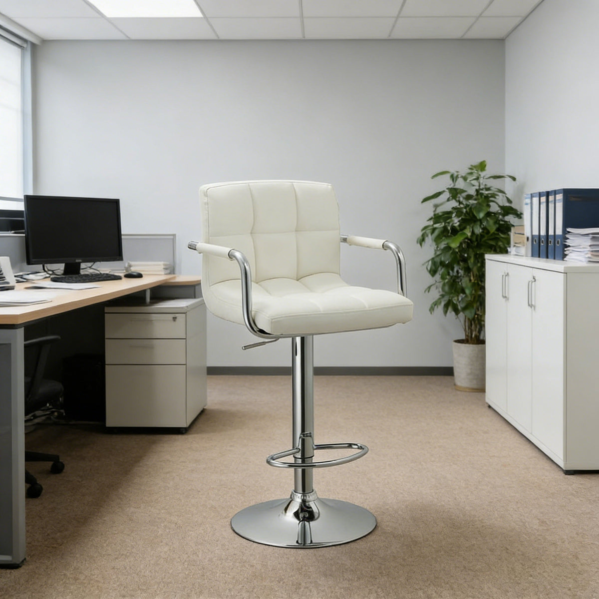 Adjustable Swivel Arm Bar Stool With Cushion - White
