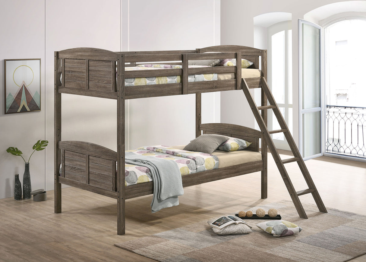 Flynn Wood Twin Over Twin Bunk Bed with Mattress - Weathered Brown
