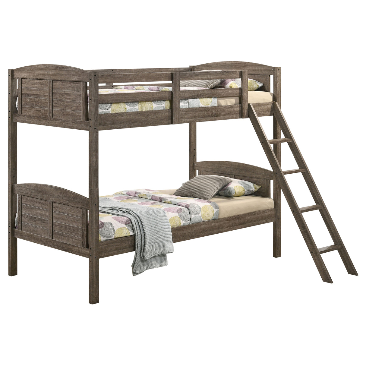 Flynn Wood Twin Over Twin Bunk Bed with Mattress - Weathered Brown