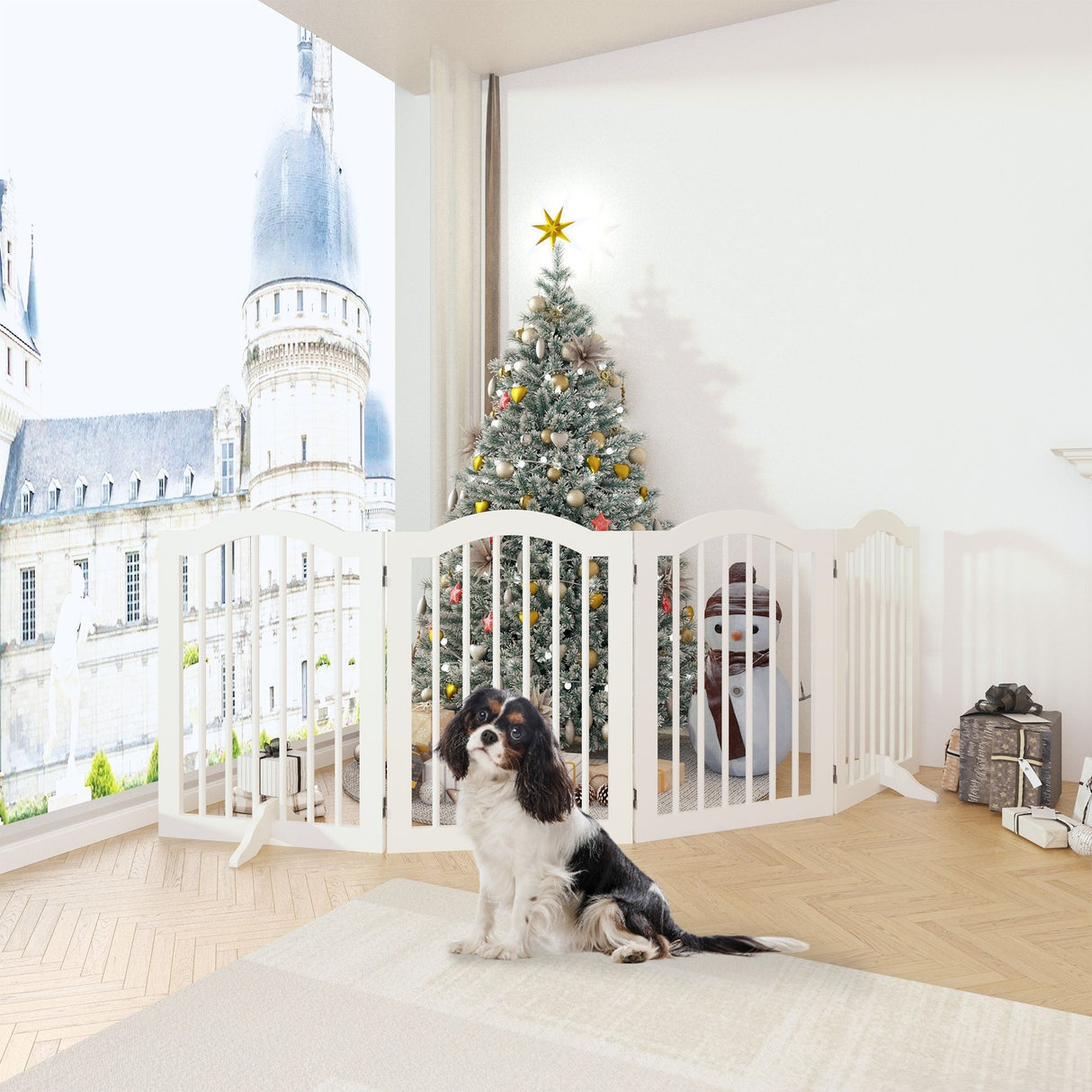 4 Panel Freestanding Pet Gate With Foldable Design And Support Feet - White