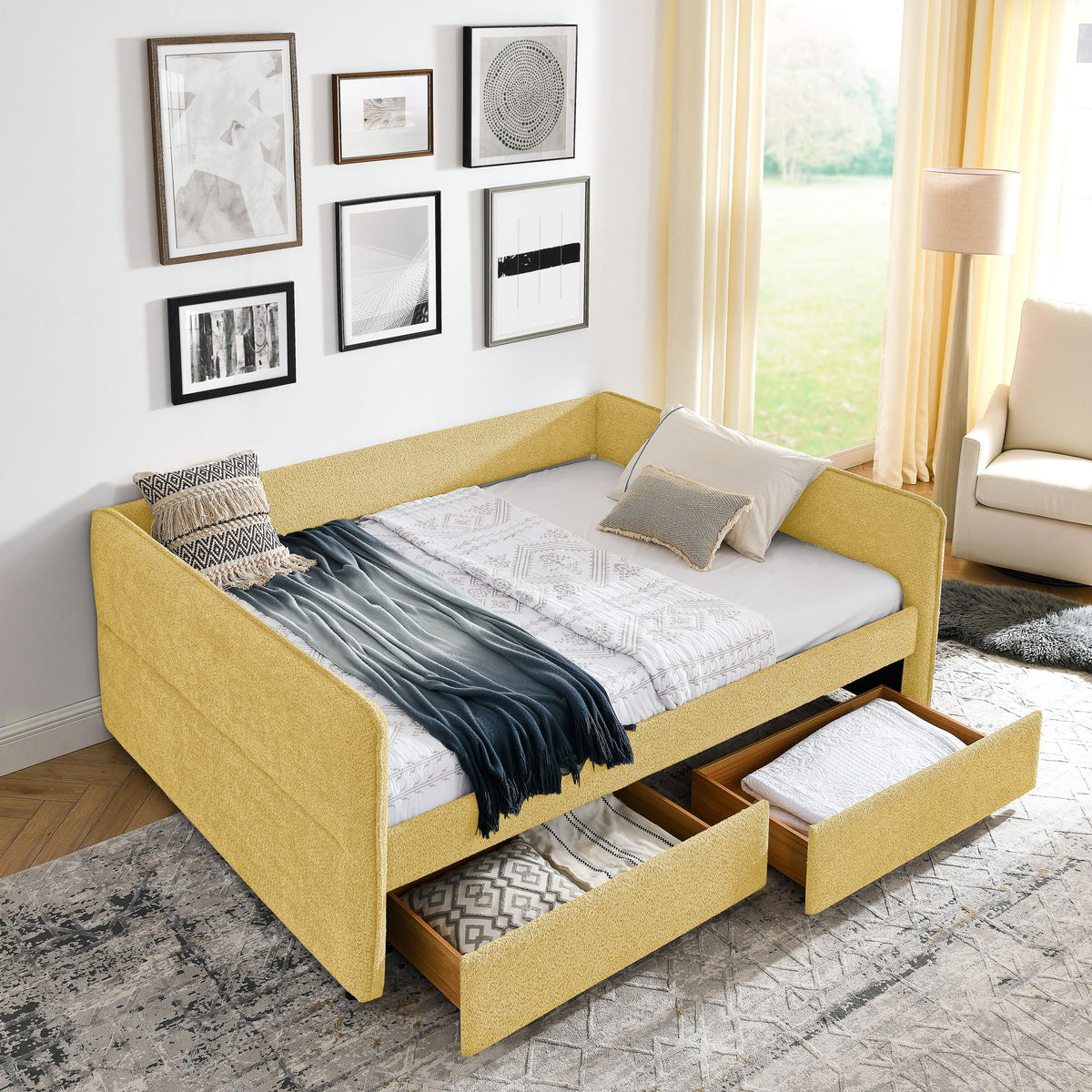 Upholstered Daybed & 2 Drawers