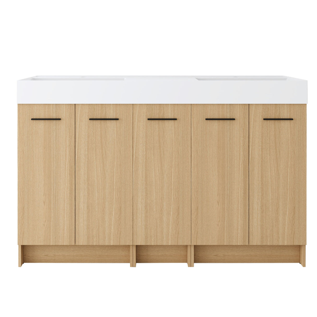 Double Sink Bathroom Vanity With Extra Large Storage, Integrated Sink, Freestanding Cabinet, Soft Close Doors - Glossy White / Light Oak