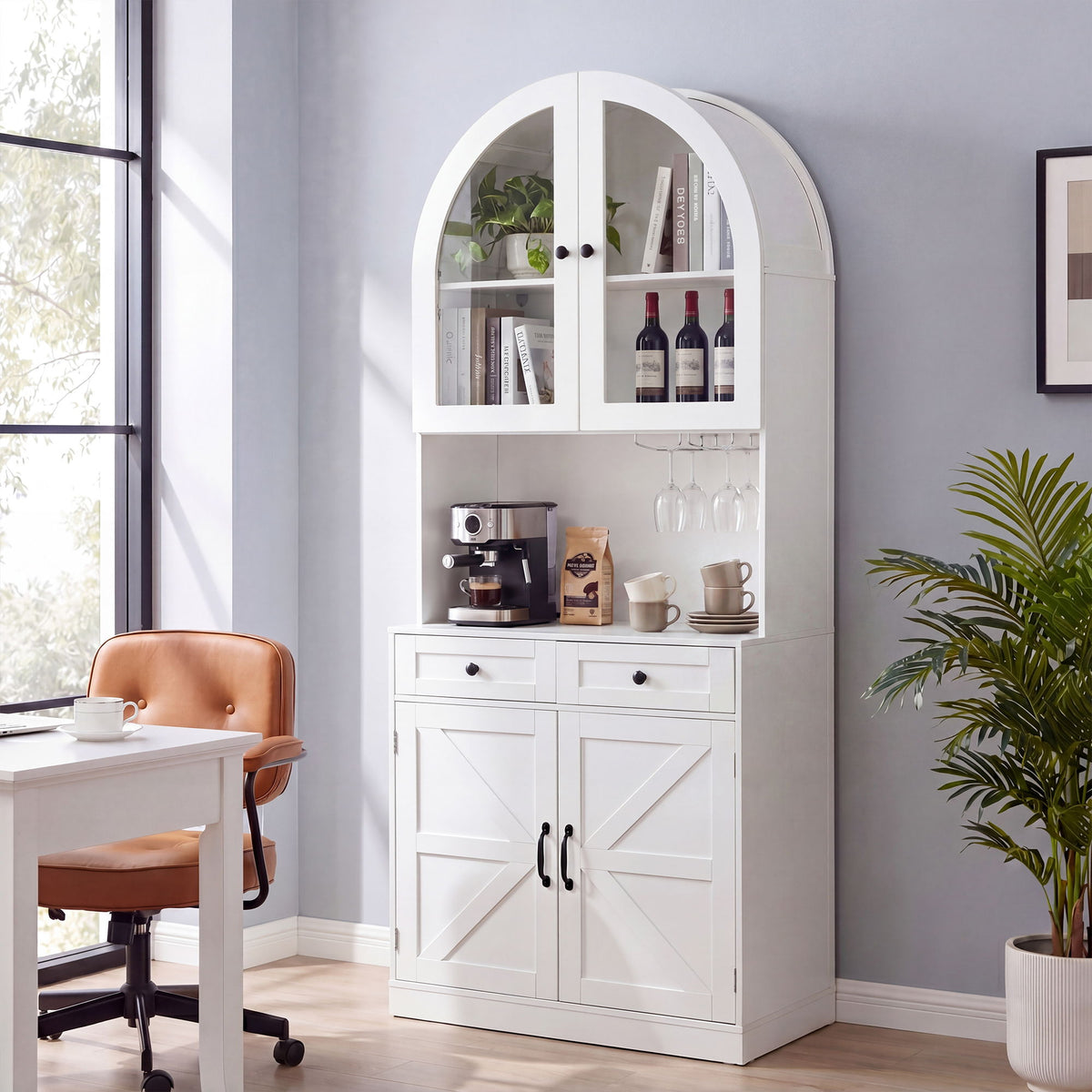 Tall Arched Pantry Cabinet With Charging Station, Adjustable Shelves, Coffee Bar With Open Countertop For Kitchen - White