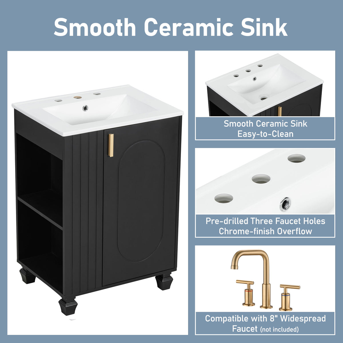Classic Retro Bathroom Vanity With Sink, Door Shelf, Side Open Storage Frame