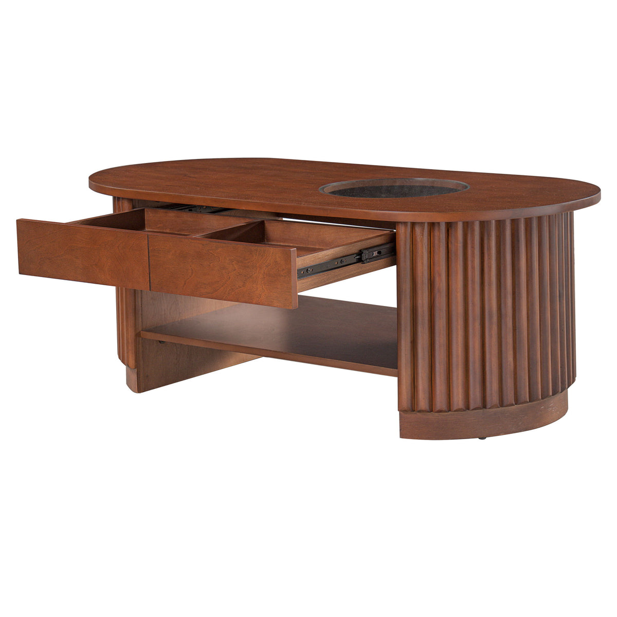 Fluted Oval Coffee Table With Drawers, 2 Tier Cocktail Table