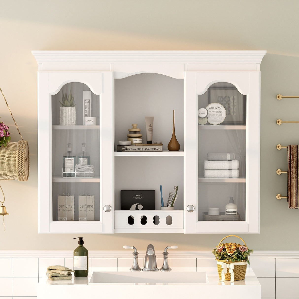 Wall-Mounted Medicine Cabinet With 2 Glass Doors, Adjustable Shelves - White