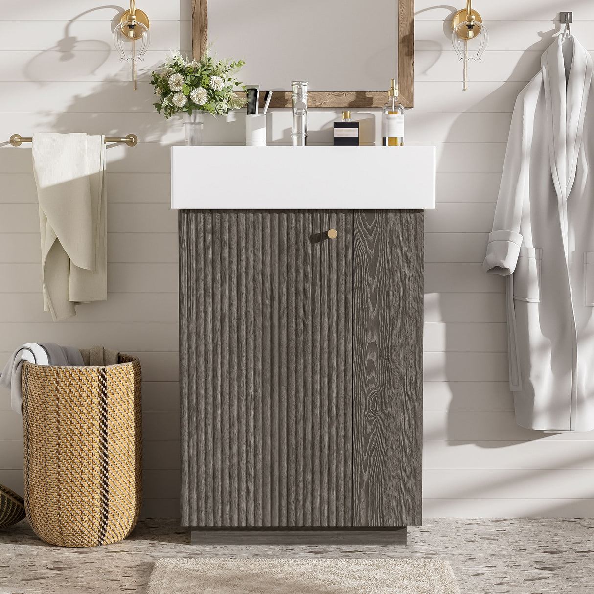 Bathroom Vanity With Sink, Freestanding Wood Grain Cabinet With Storage