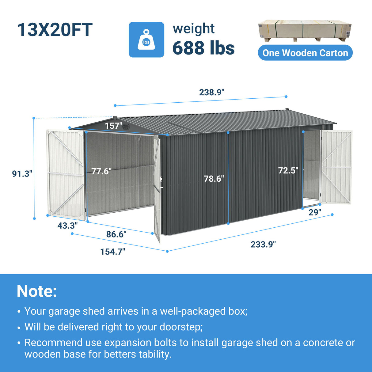 Industrial - 20' x 13' Heavy Duty Metal Garage Shed - Dark Gray