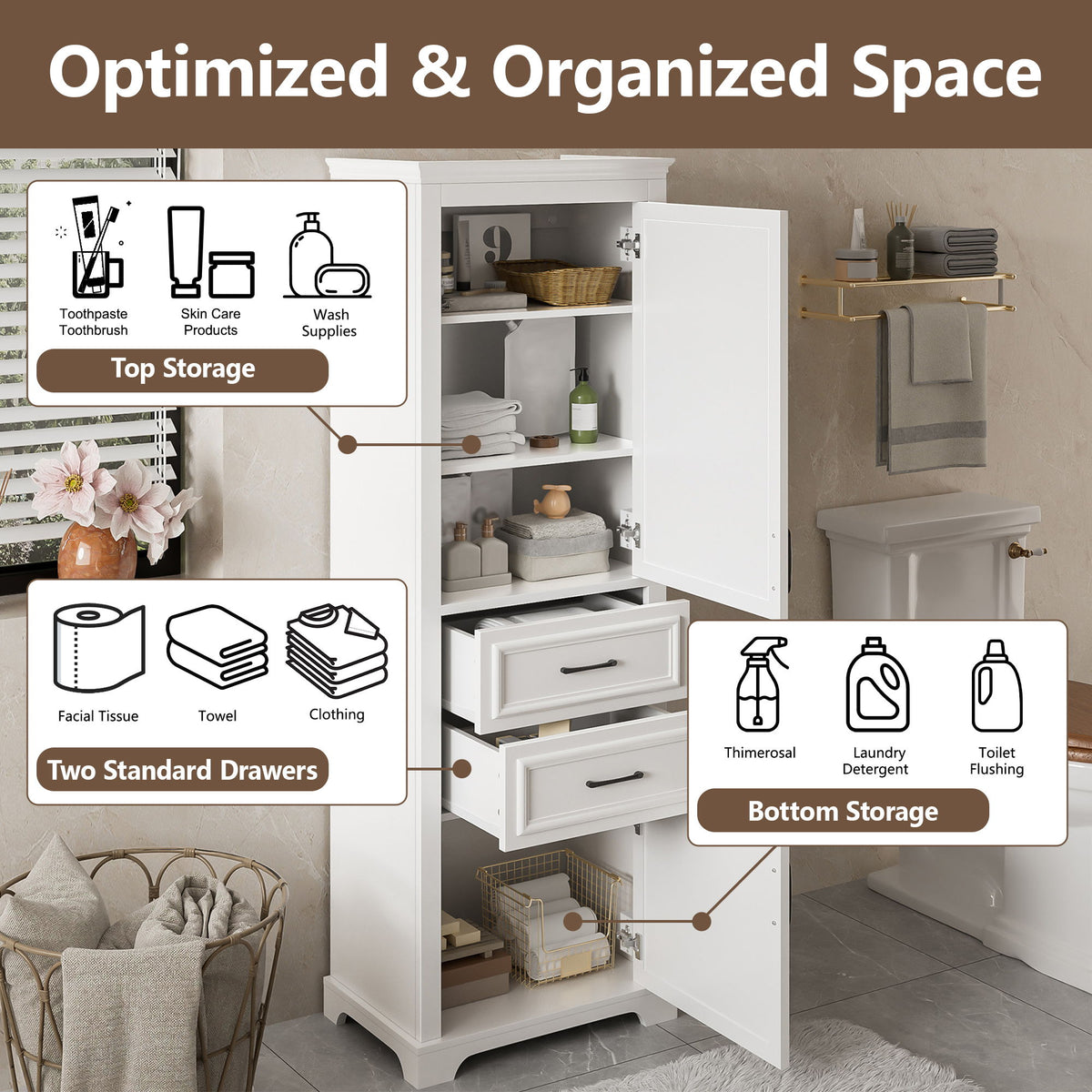 Freestanding Bathroom Vanity Tall With Damping Hinge Doors, Adjustable Shelves - White
