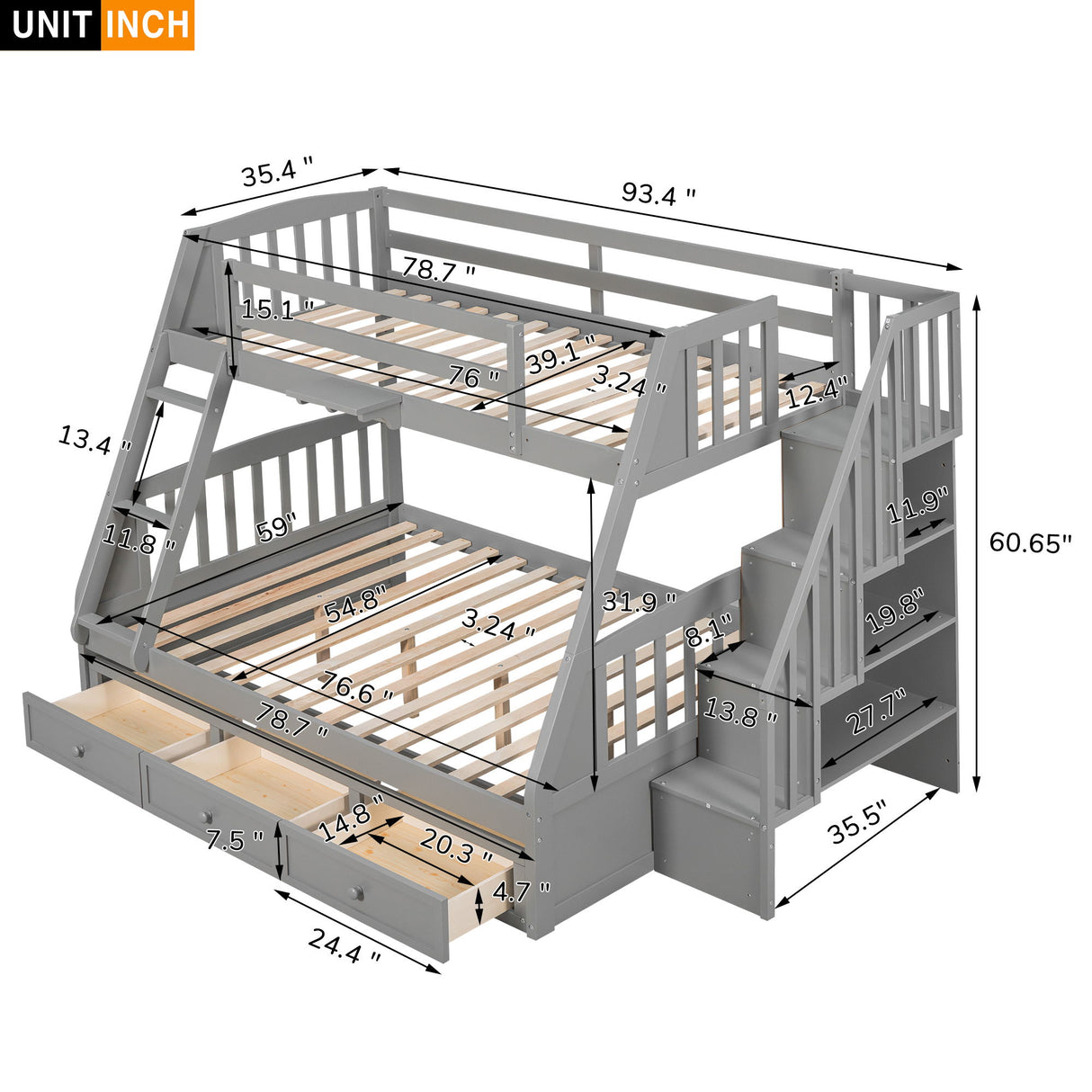 Bunk Bed With Drawers, Ladder And Storage Staircase