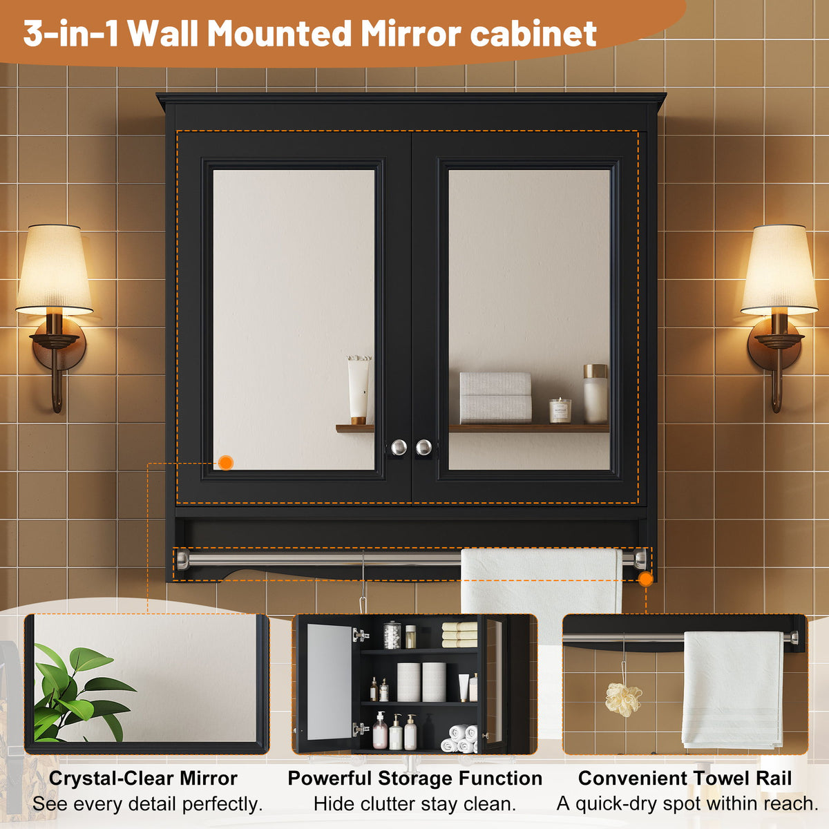 Wall Mounted Mirror Cabinet With Adjustable Shelves, Soft Close Doors, High Definition Mirror - Black
