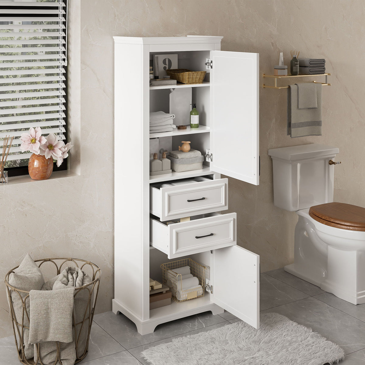 Freestanding Bathroom Vanity Tall With Damping Hinge Doors, Adjustable Shelves - White