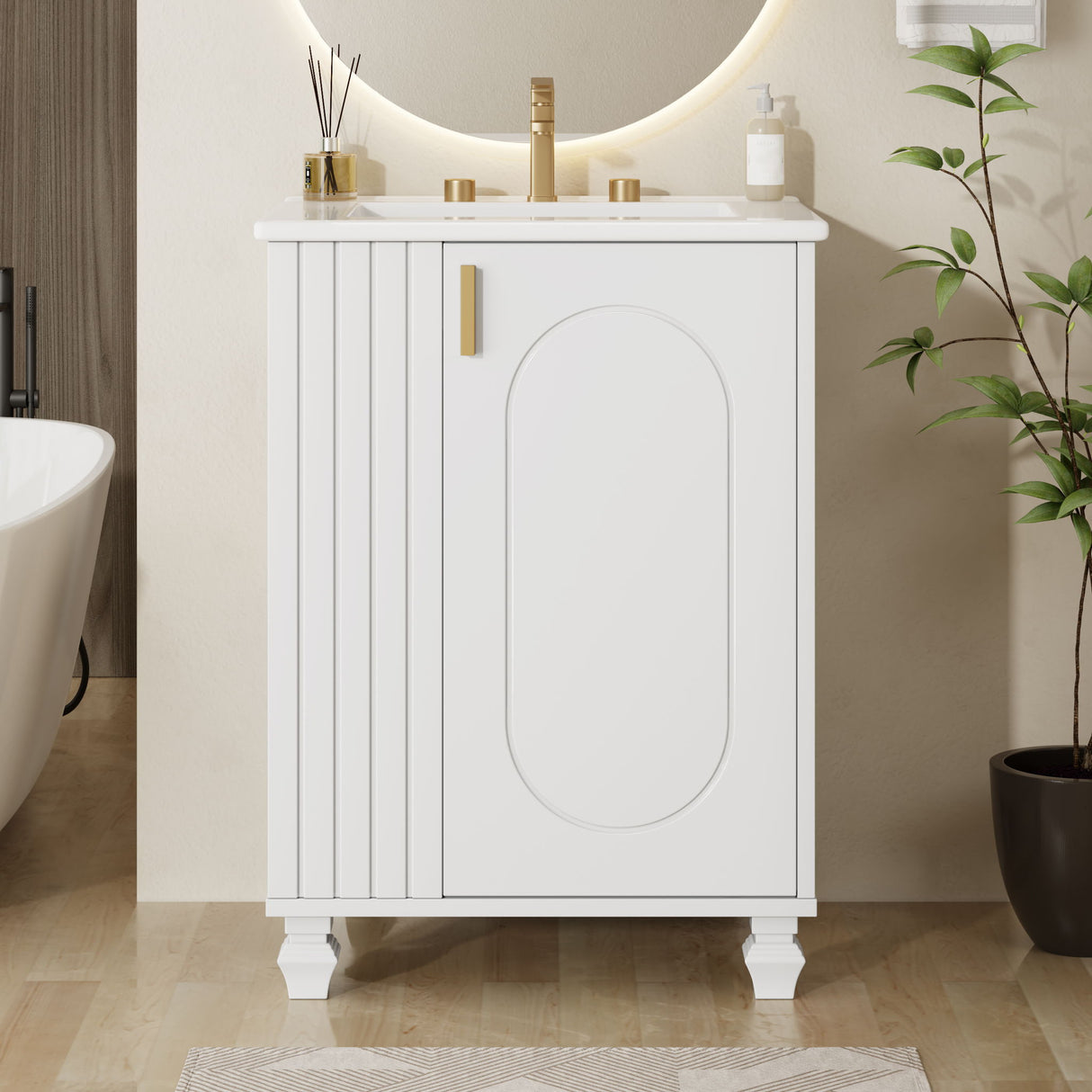 Classic Retro Bathroom Vanity With Sink, Door Shelf, Side Open Storage Frame