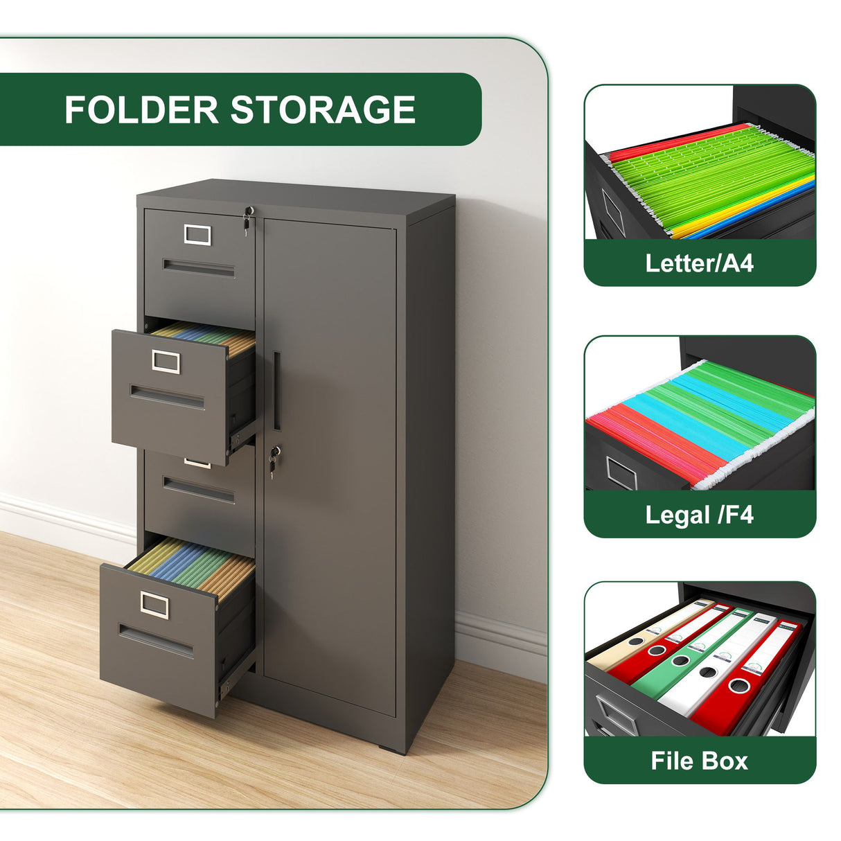 Metal Storage Vertical Filing Cabinet With Lock, 4 Drawers, 1 Door, Steel Construction, School / Office Use