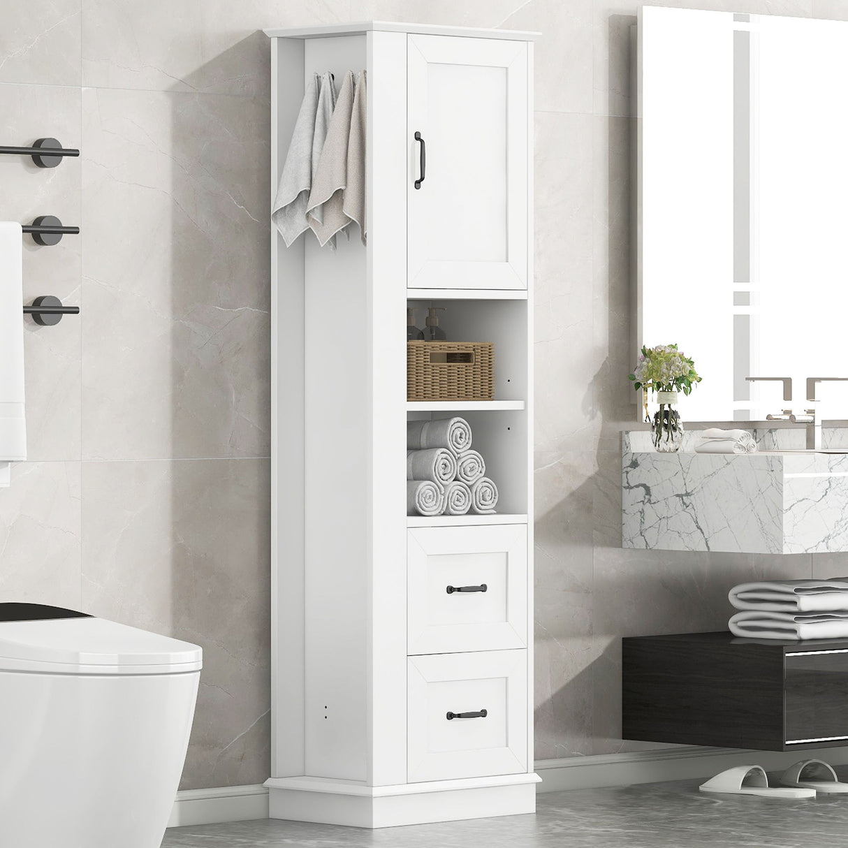 Freestanding Bathroom Storage Cabinet With Adjustable Shelves And Side Hooks Board, Rectangle Design