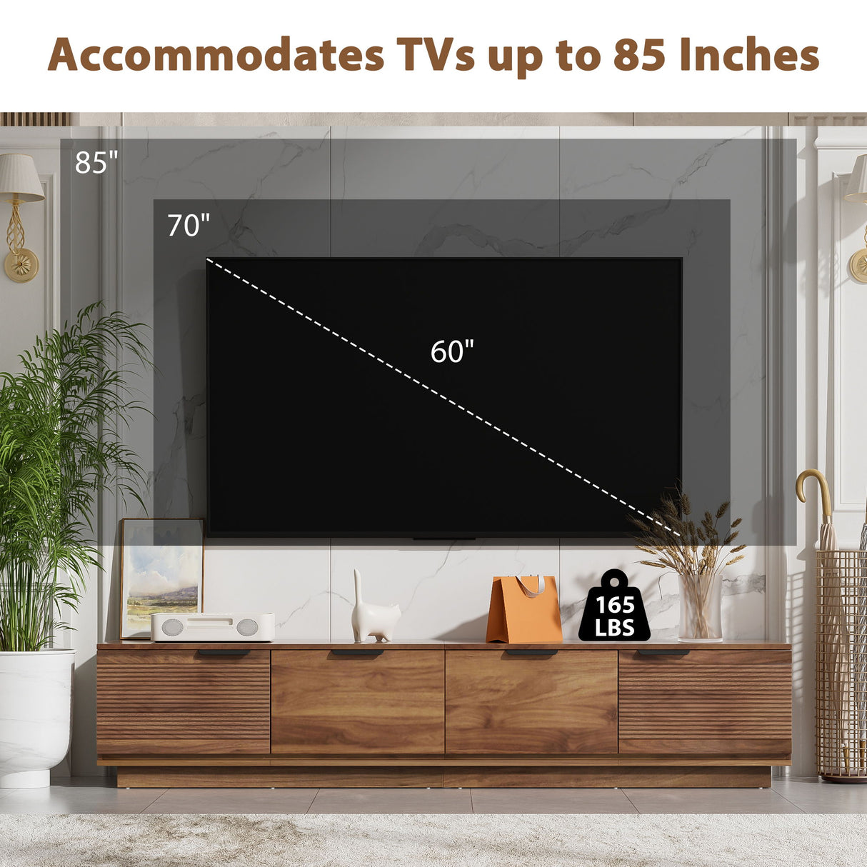 TV Stand, Entertainment Center & Fluted Door & Cable Management, Soft Closing Hinges - Walnut