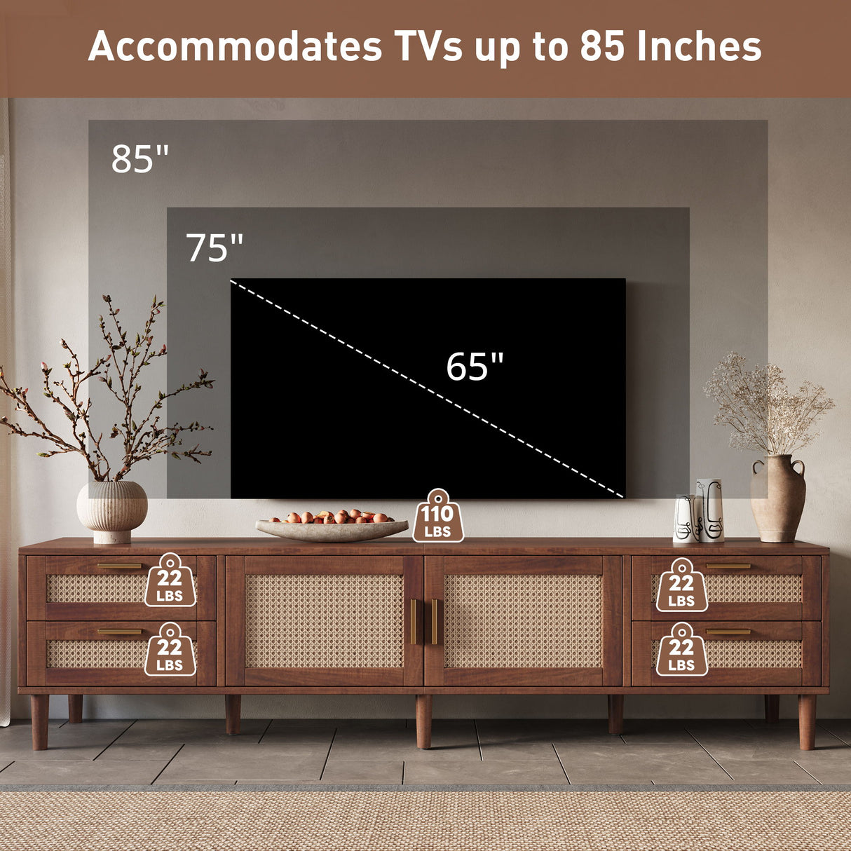 TV Stand, Media Console With 4 Drawers, Soft Closing Hinges - Dark Brown