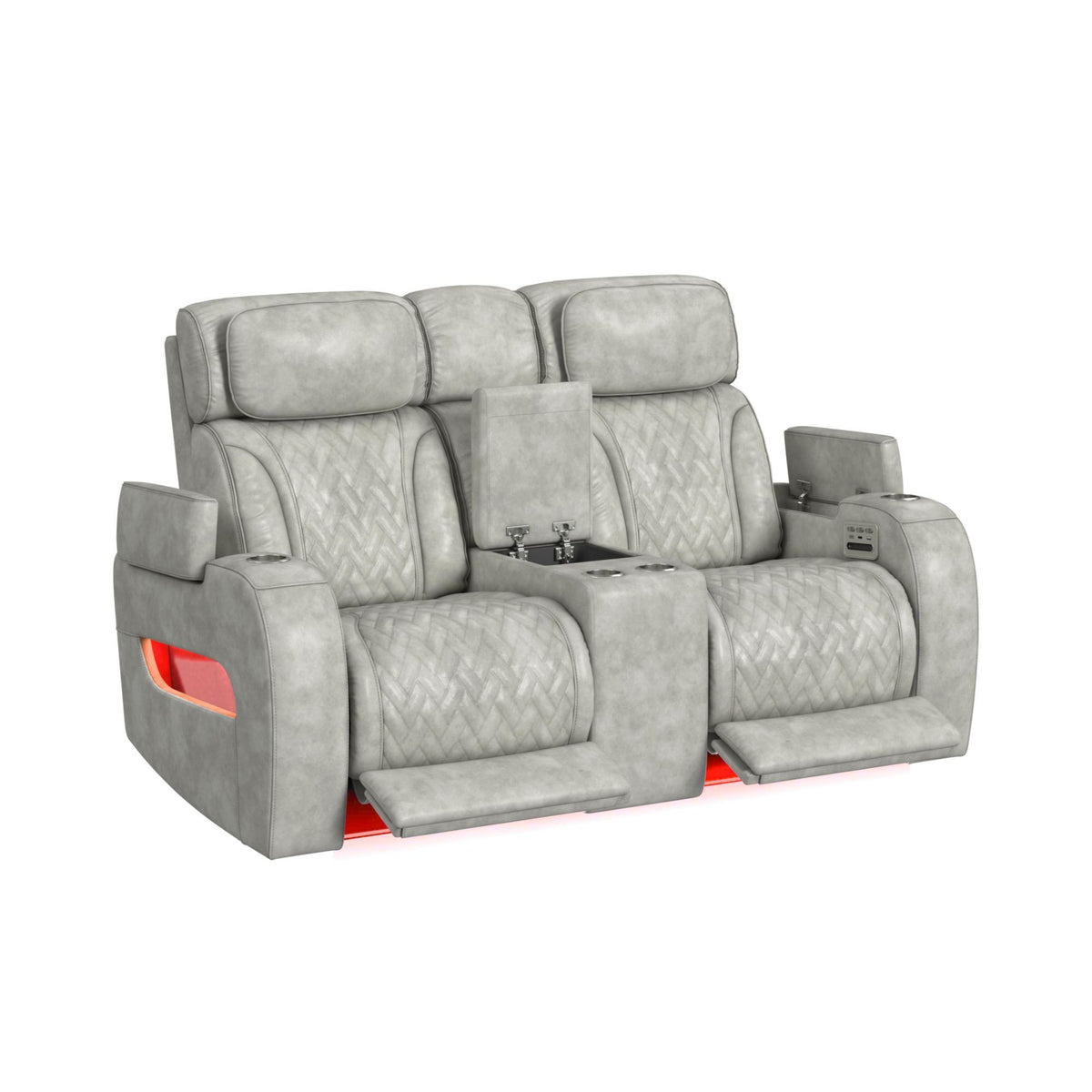 Prime Time - P3 Loveseat With Console, 7 Colors Led, Cup Holders And Wireless Charger Controller - Leather Gel Light Gray