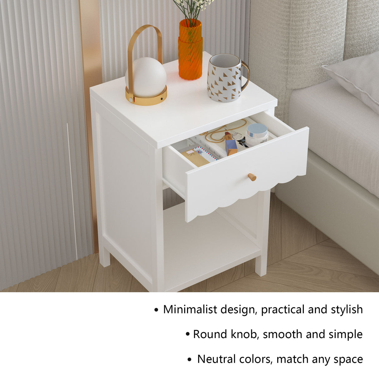 Nightstand With Drawer And Open Shelf, Scalloped Edge Bedside Table