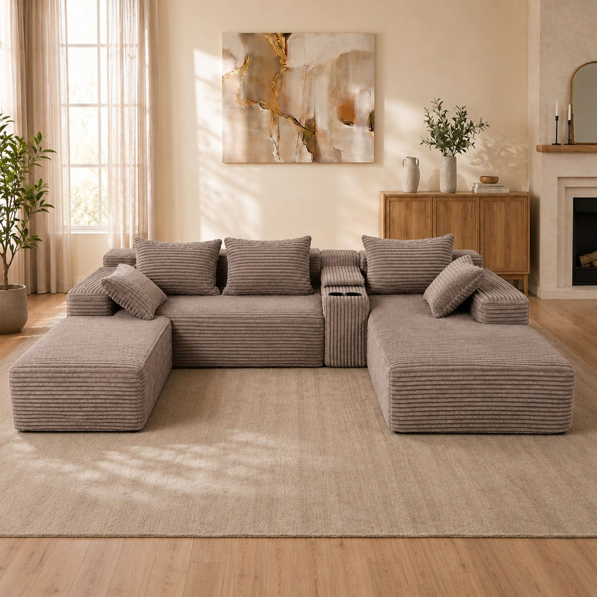 U-Shaped Modular Sofa With Cup Holders And Storage For Living Rooms - Coffee
