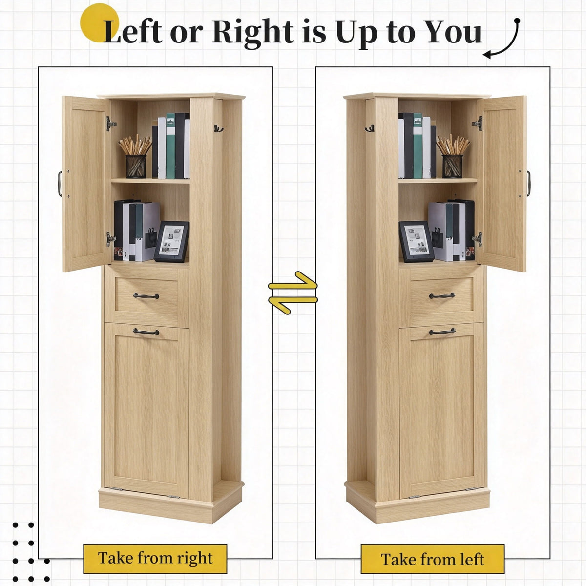 Tall Storage Cabinet With Tilt Out Compartment, Adjustable Shelves, Soft Close Hinges - Natural