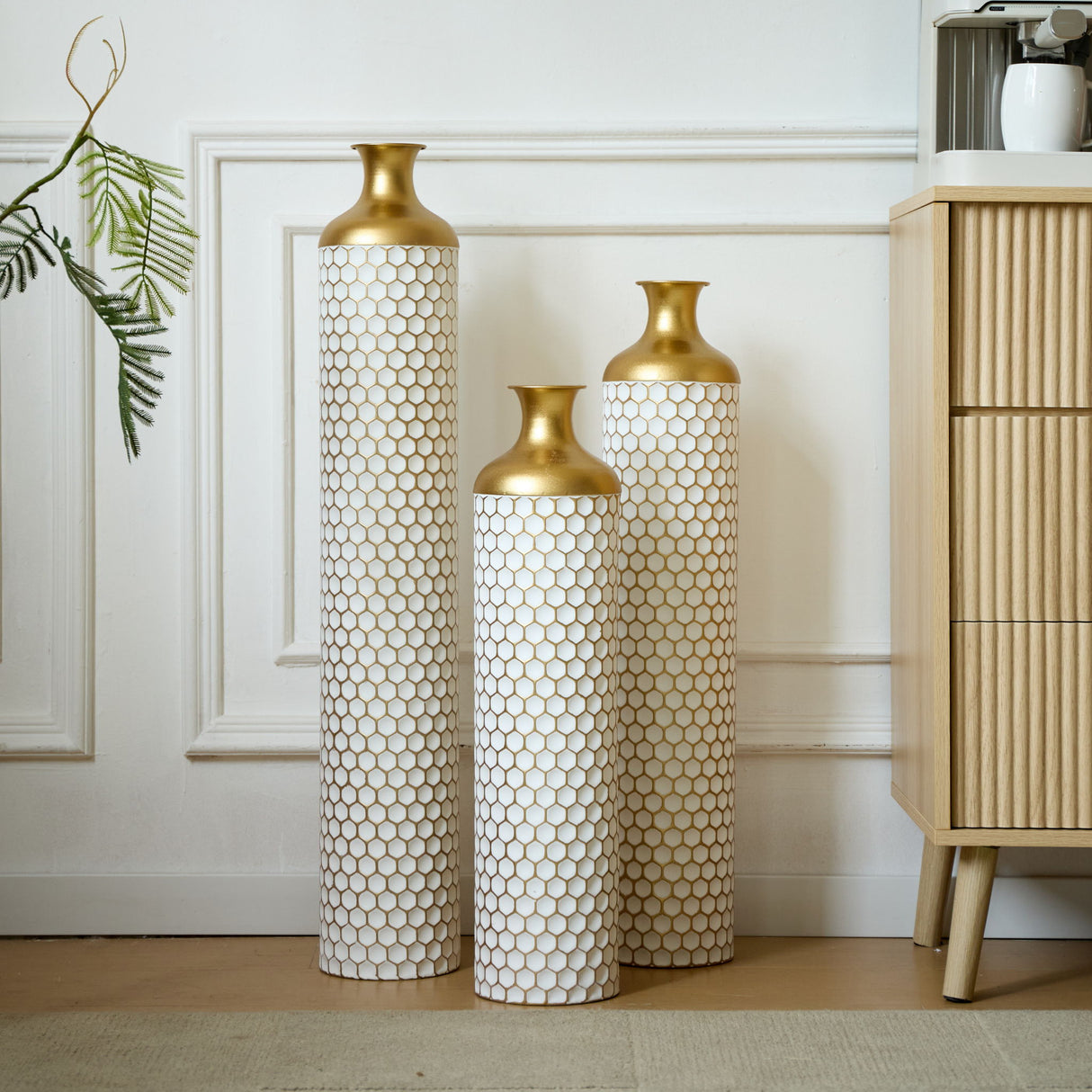 3 Piece Set Gorgeous Home Decoration Large Glazed Floor Vase Decoration Home Droplet Shaped - Gold / White