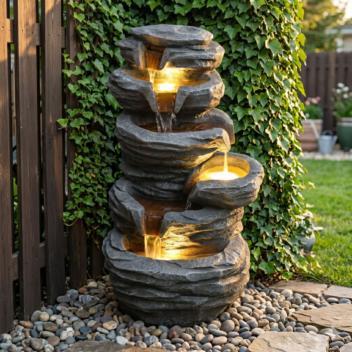 Outdoor Waterfall Fountain With LED Lights For Patio - Gray