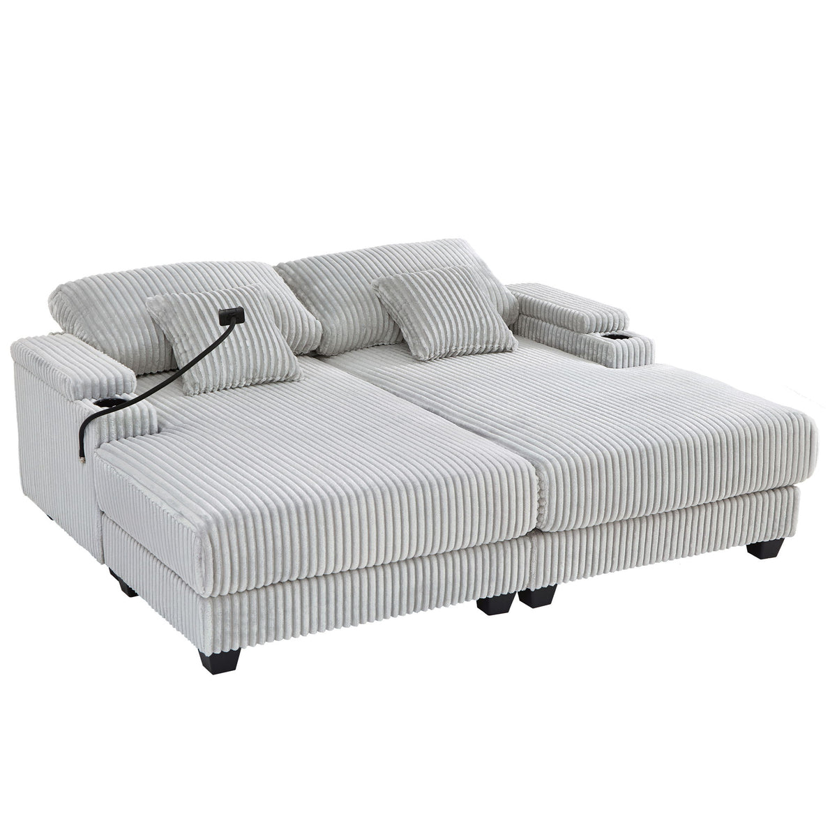 Chaise Sofa With Adjustable Backrest, Cup Holders, Phone Holder & Storage Compartments For Living Room - Light Gray