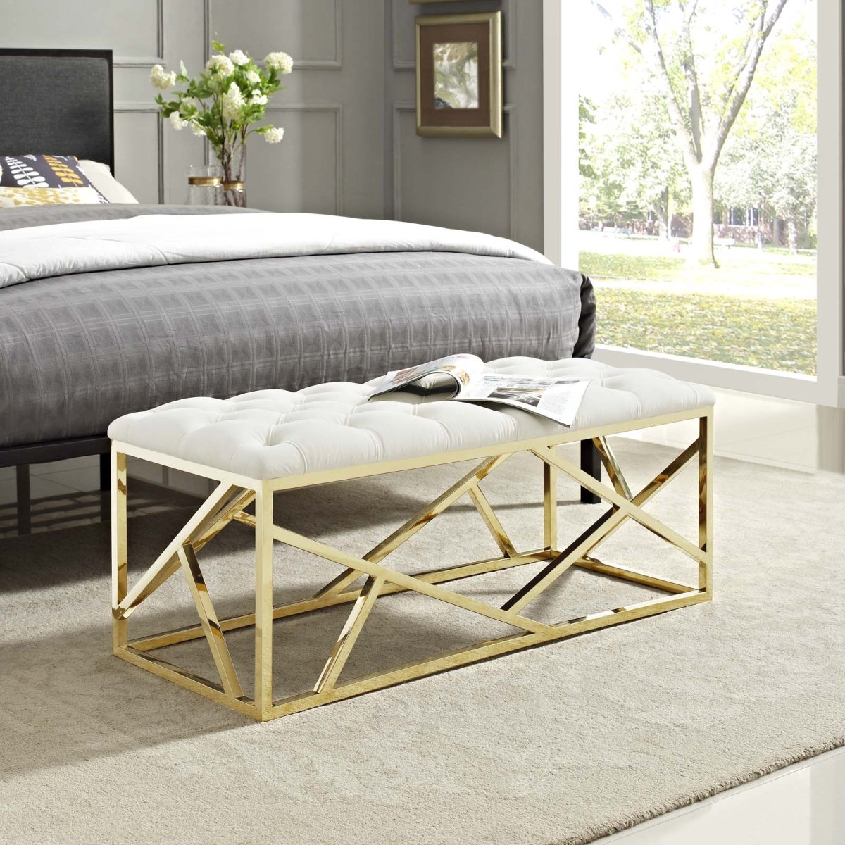 42 Inch Captivating Tufted Velvet Bench in Gold Ivory - Benches available at Alpine Outlets in Denver