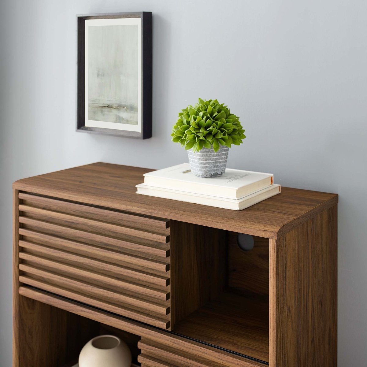 42" Mid - Century Modern Three - Tier Display Storage Cabinet in Walnut - Bookcases available at Alpine Outlets in Denver