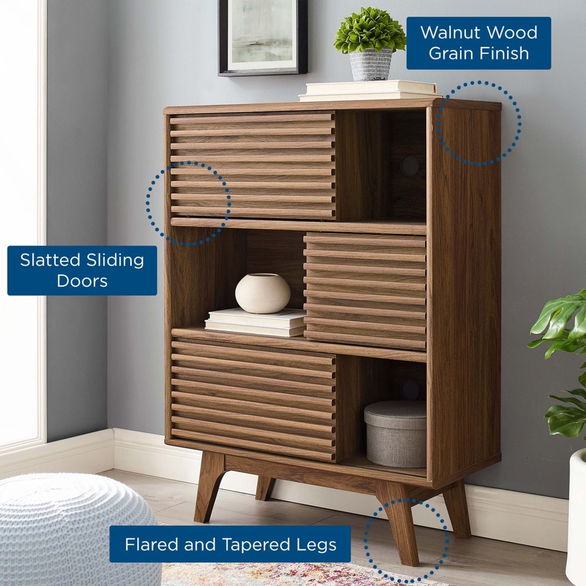 42" Mid - Century Modern Three - Tier Display Storage Cabinet in Walnut - Bookcases available at Alpine Outlets in Denver