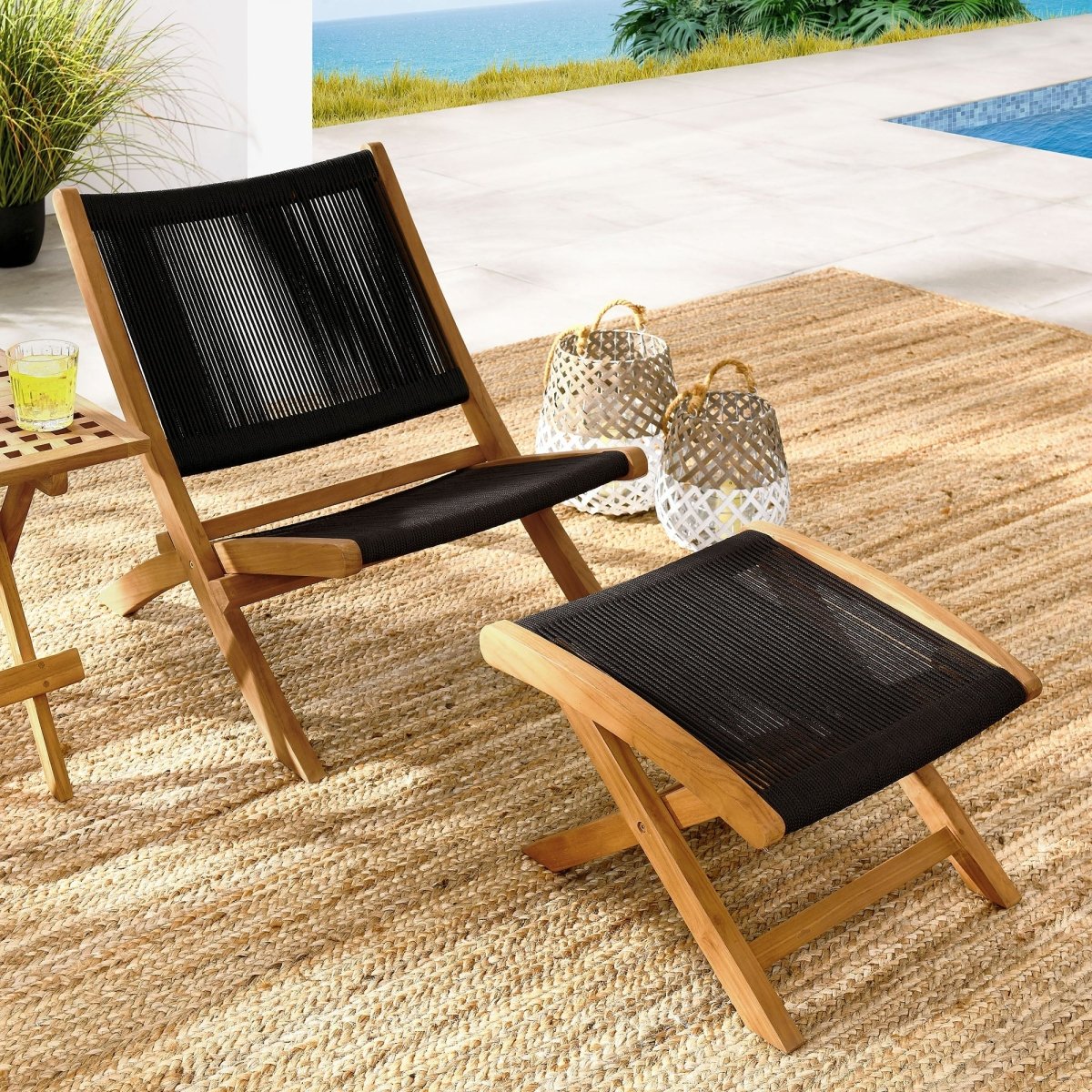42" Natural Teak and Black Rope Folding Outdoor Lounge Chair and Ottoman Set - Outdoor - Alpine Outlets