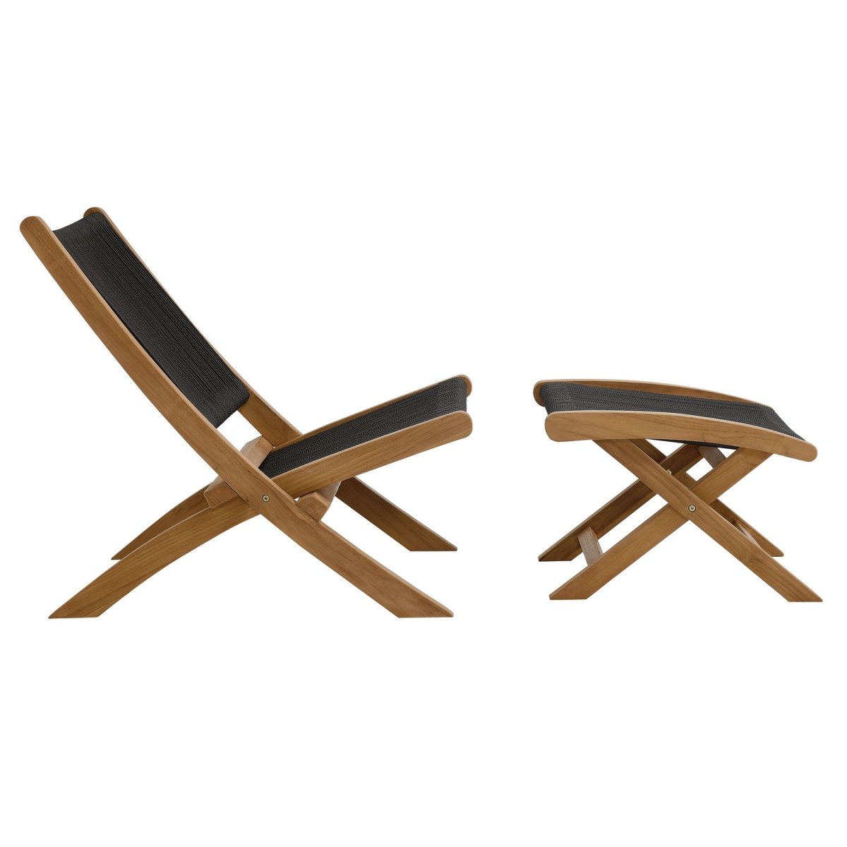42" Natural Teak and Black Rope Folding Outdoor Lounge Chair and Ottoman Set - Outdoor - Alpine Outlets