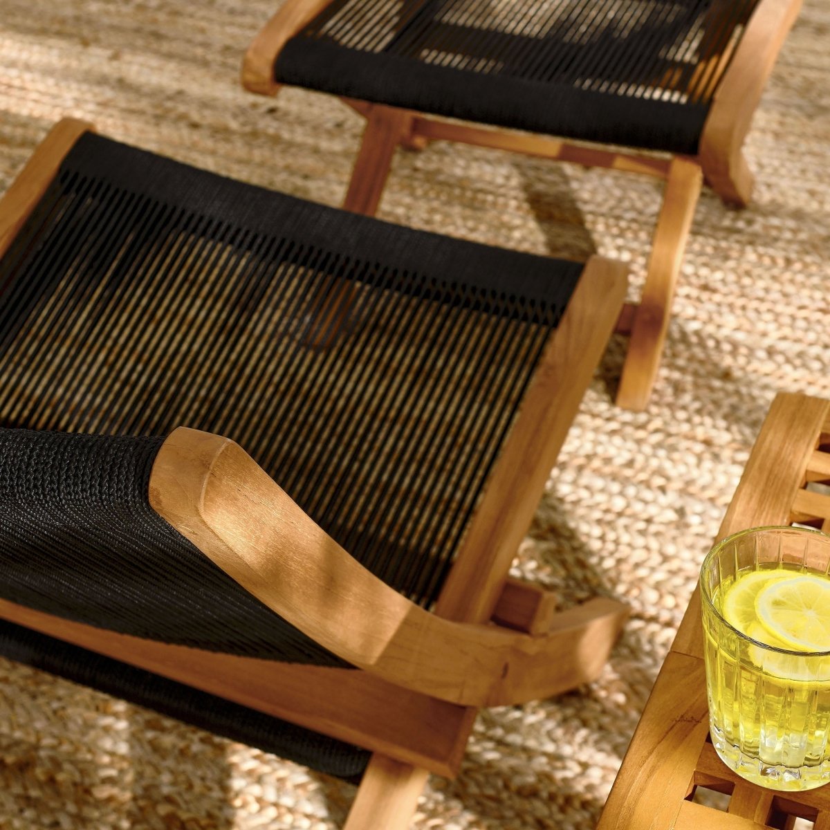 42" Natural Teak and Black Rope Folding Outdoor Lounge Chair and Ottoman Set - Outdoor - Alpine Outlets