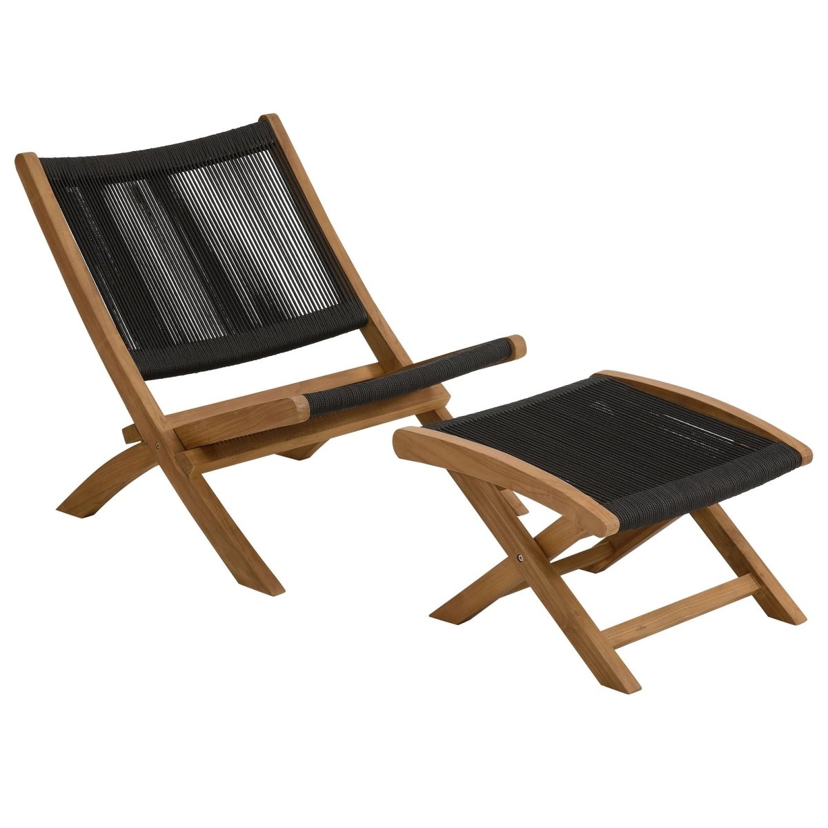 42" Natural Teak and Black Rope Folding Outdoor Lounge Chair and Ottoman Set - Outdoor - Alpine Outlets