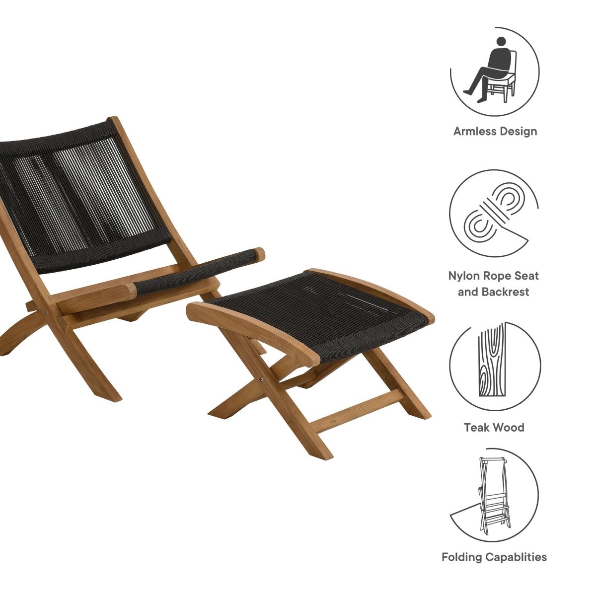 42" Natural Teak and Black Rope Folding Outdoor Lounge Chair and Ottoman Set - Outdoor - Alpine Outlets