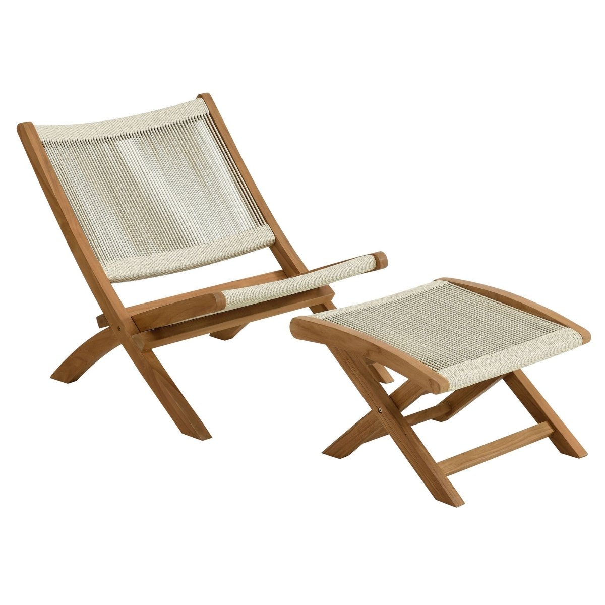 42" Natural Teak and Rope Folding Outdoor Lounge Chair and Ottoman Set - Outdoor - Alpine Outlets