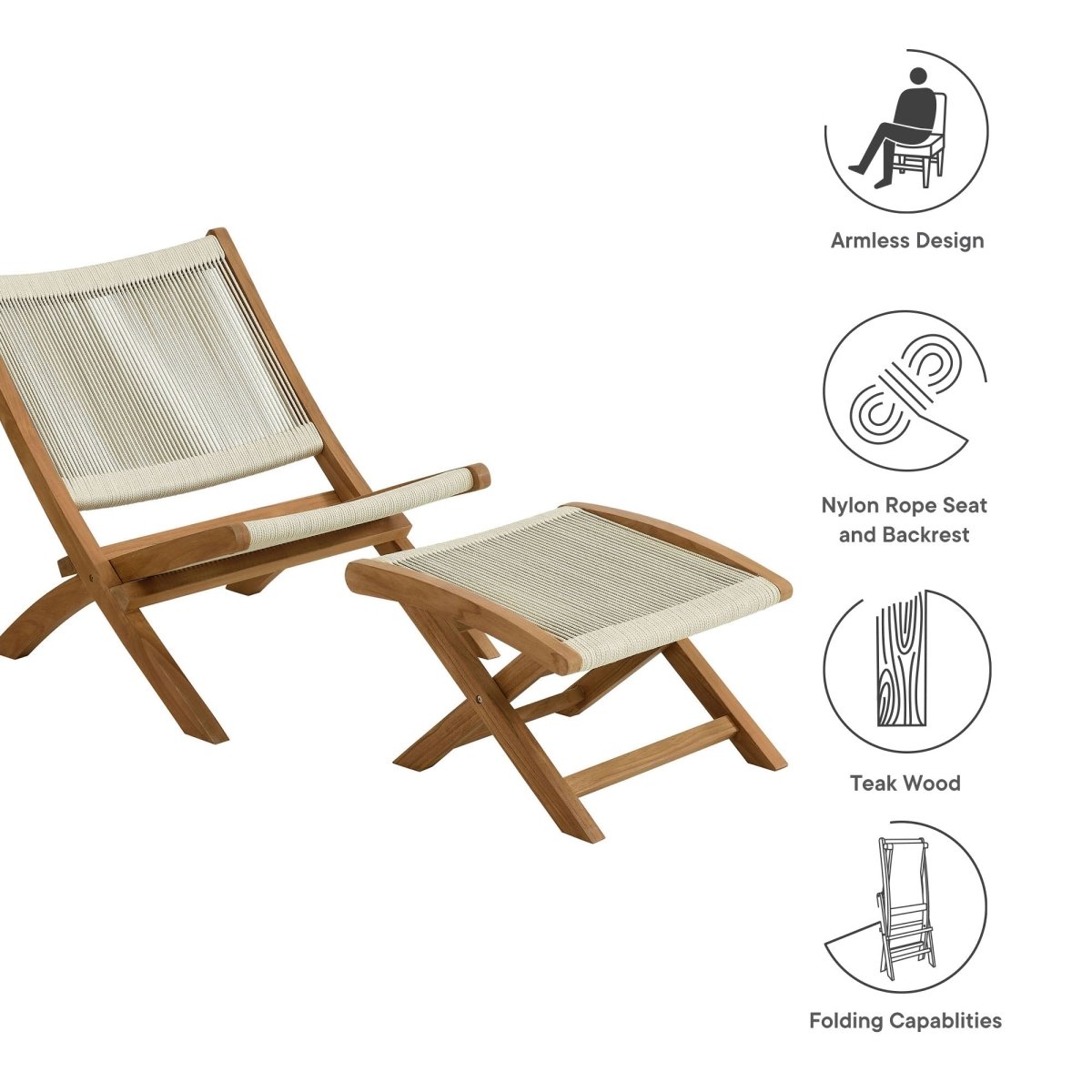 42" Natural Teak and Rope Folding Outdoor Lounge Chair and Ottoman Set - Outdoor - Alpine Outlets