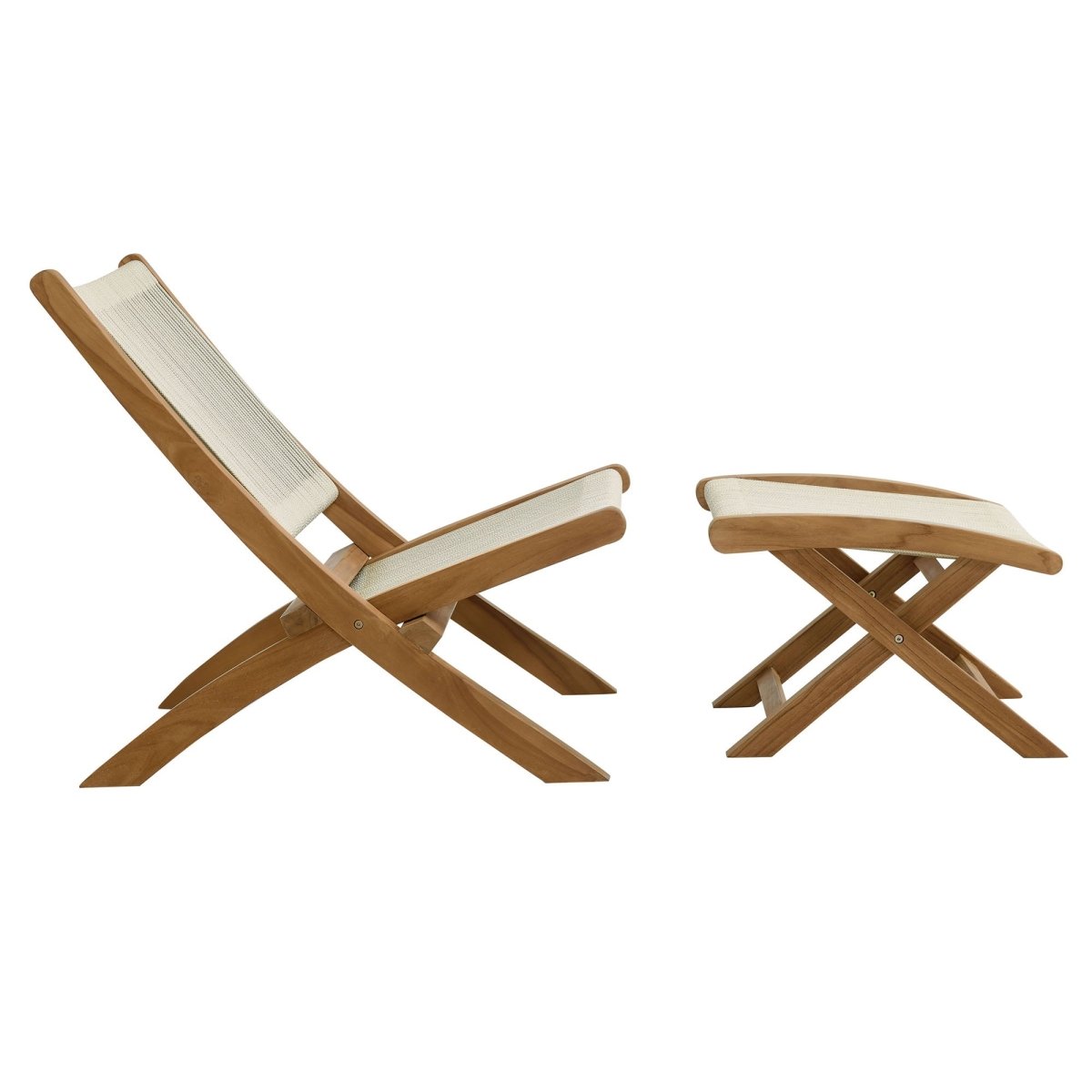 42" Natural Teak and Rope Folding Outdoor Lounge Chair and Ottoman Set - Outdoor - Alpine Outlets