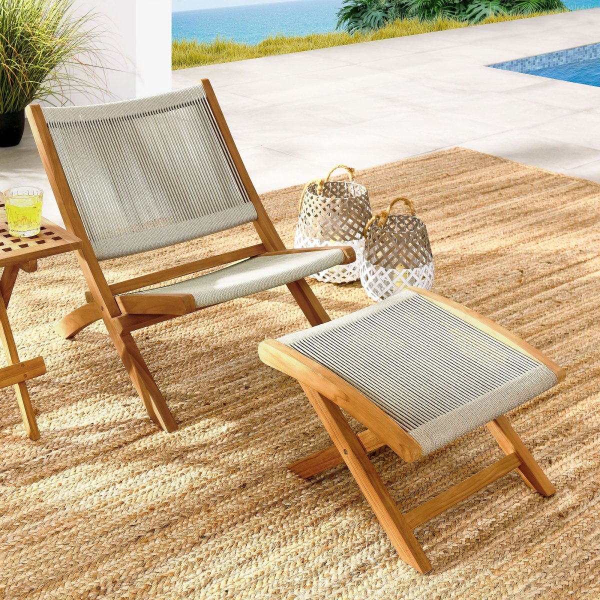 42" Natural Teak and Rope Folding Outdoor Lounge Chair and Ottoman Set - Outdoor - Alpine Outlets