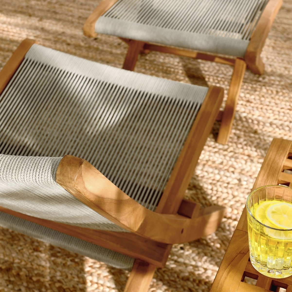42" Natural Teak and Rope Folding Outdoor Lounge Chair and Ottoman Set - Outdoor - Alpine Outlets