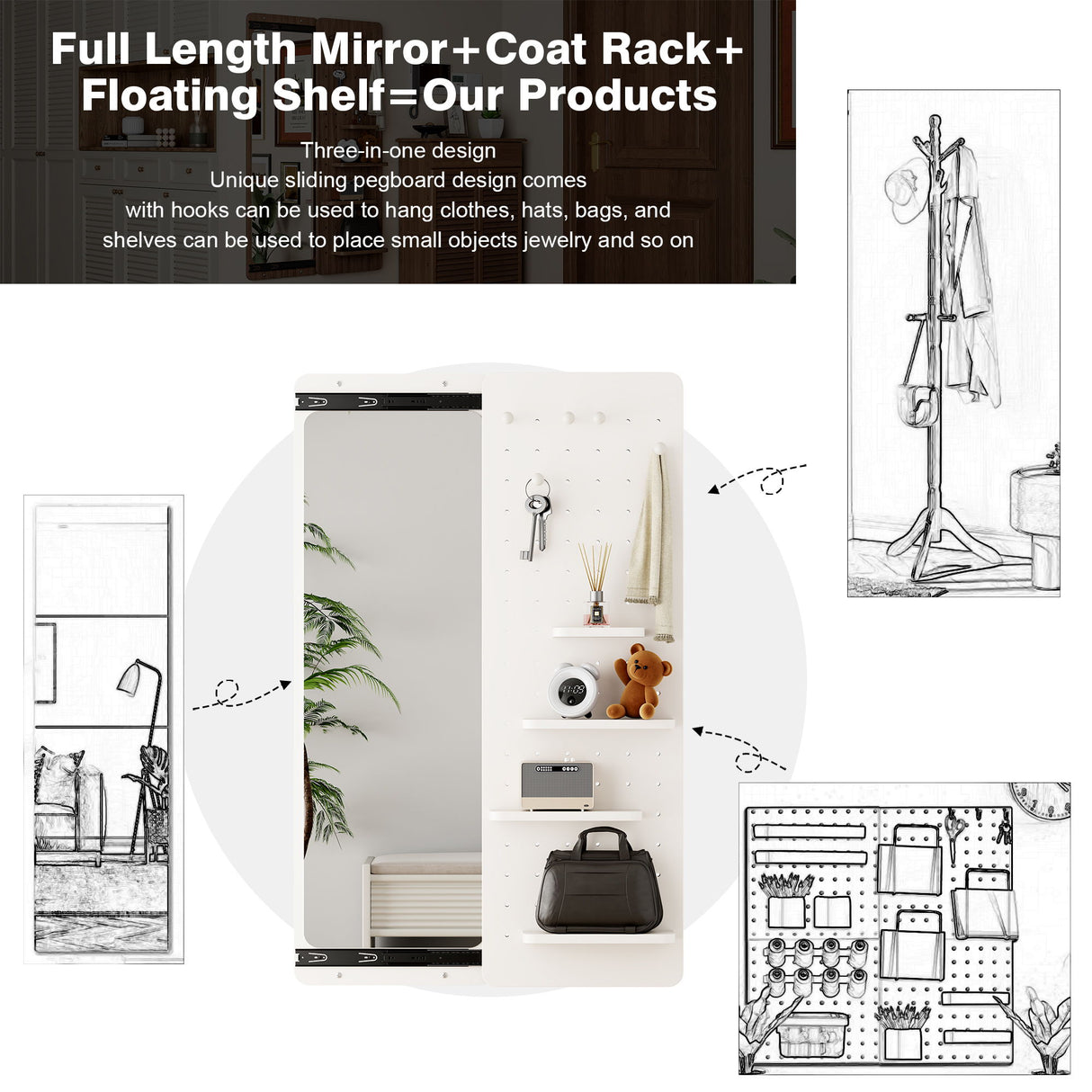 Wall Mounted Full Length Mirror With Shelf And Hook