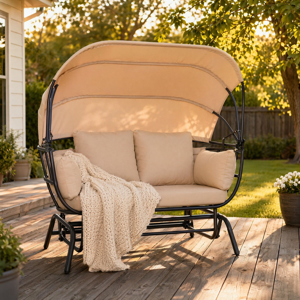 2 Person Egg Shaped Outdoor Swing Chair With Adjustable Canopy - Acacia Wood / Black / Taupe