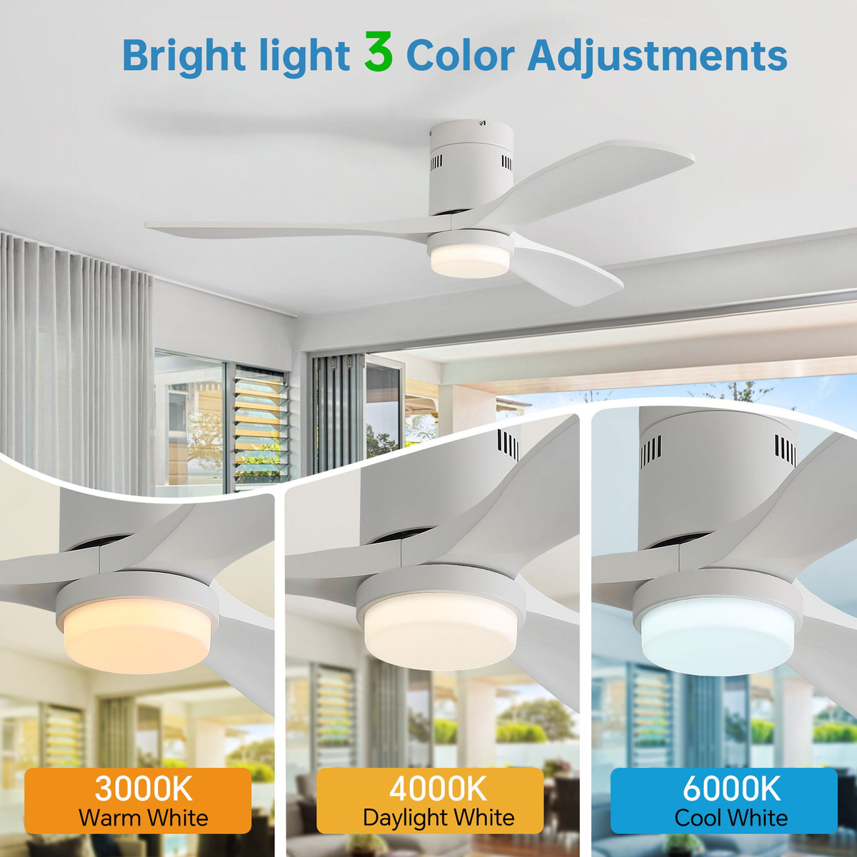52" Low Profile Ceiling Fan With 6 Speed Remote, 3 Blades, Reversible DC Motor For Living Room - White