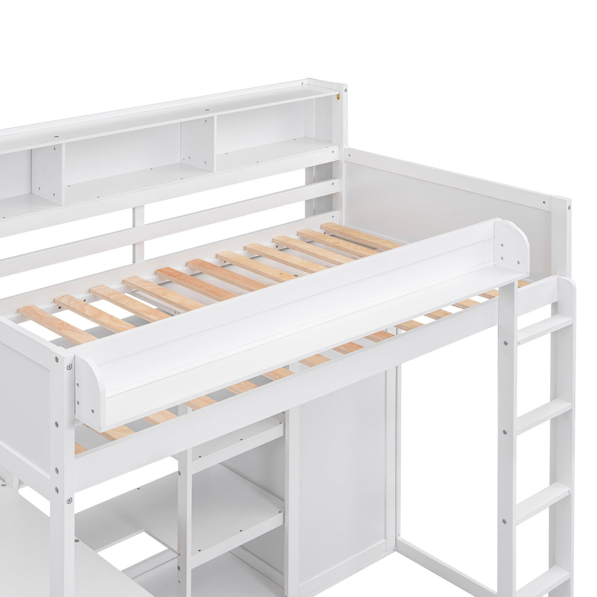 Loft Bed With Built In Desk, Storage Shelves, And Wardrobe