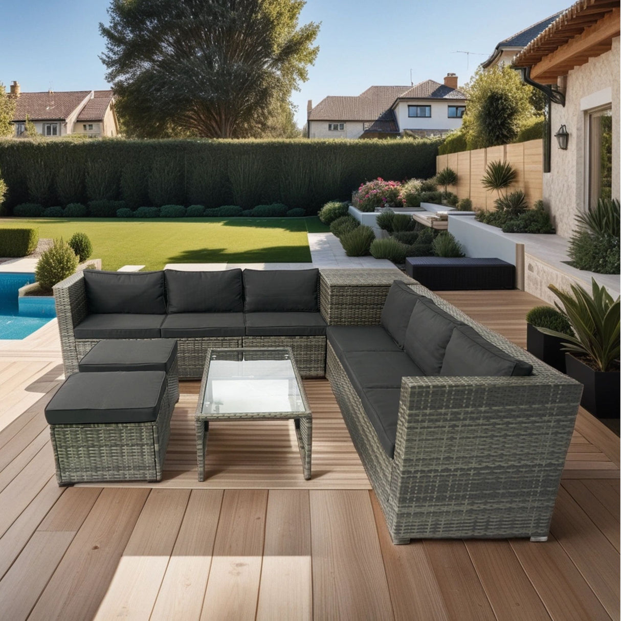 8 Piece Patio Sectional Wicker Rattan Outdoor Furniture Sof Set With One Storage Box Under Seat And Cushion Box - Gray / Black
