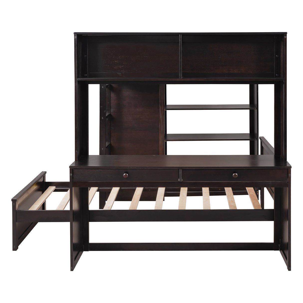 Loft Bed With A Twin Size Standalone Bed, Shelves, Desk, And Wardrobe