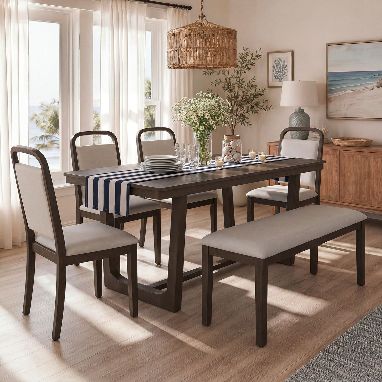 Farmhouse Dining Set With 4 Upholstered Chairs & 1 Bench