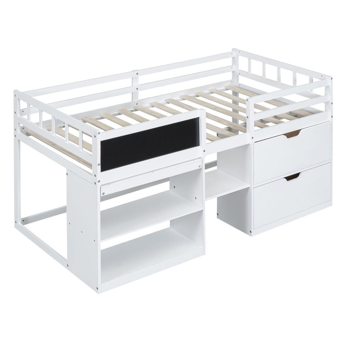 Low Loft Bed With Rolling Desk, Shelf And Drawers