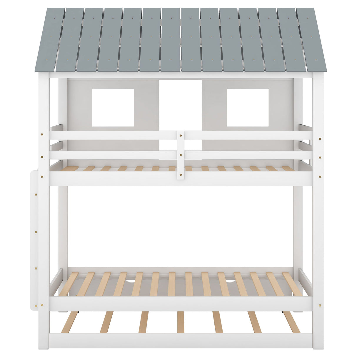 Twin Size House Bunk Bed With Trundle, Roof And Windows - White / Gray